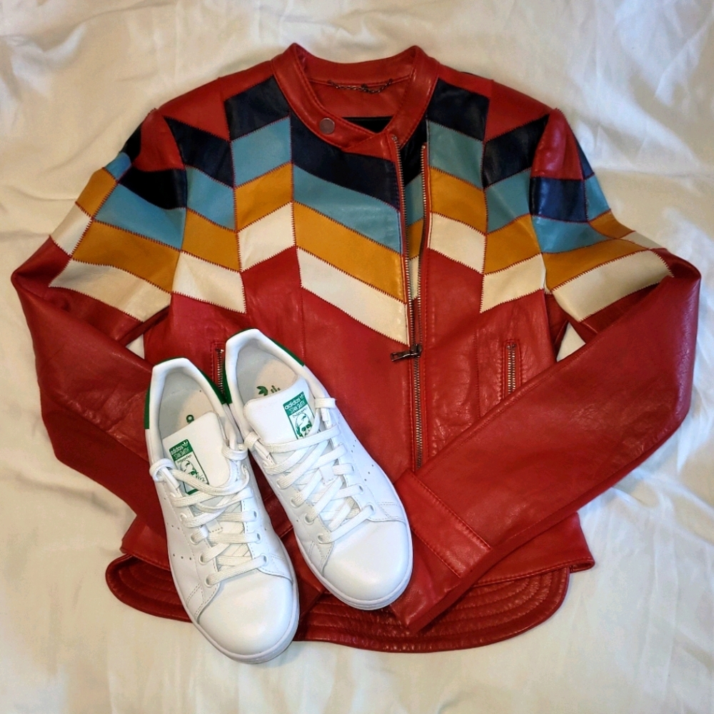 BCBGMaxAzria Red Leather Jacket with Multicolor Chevron Inlay